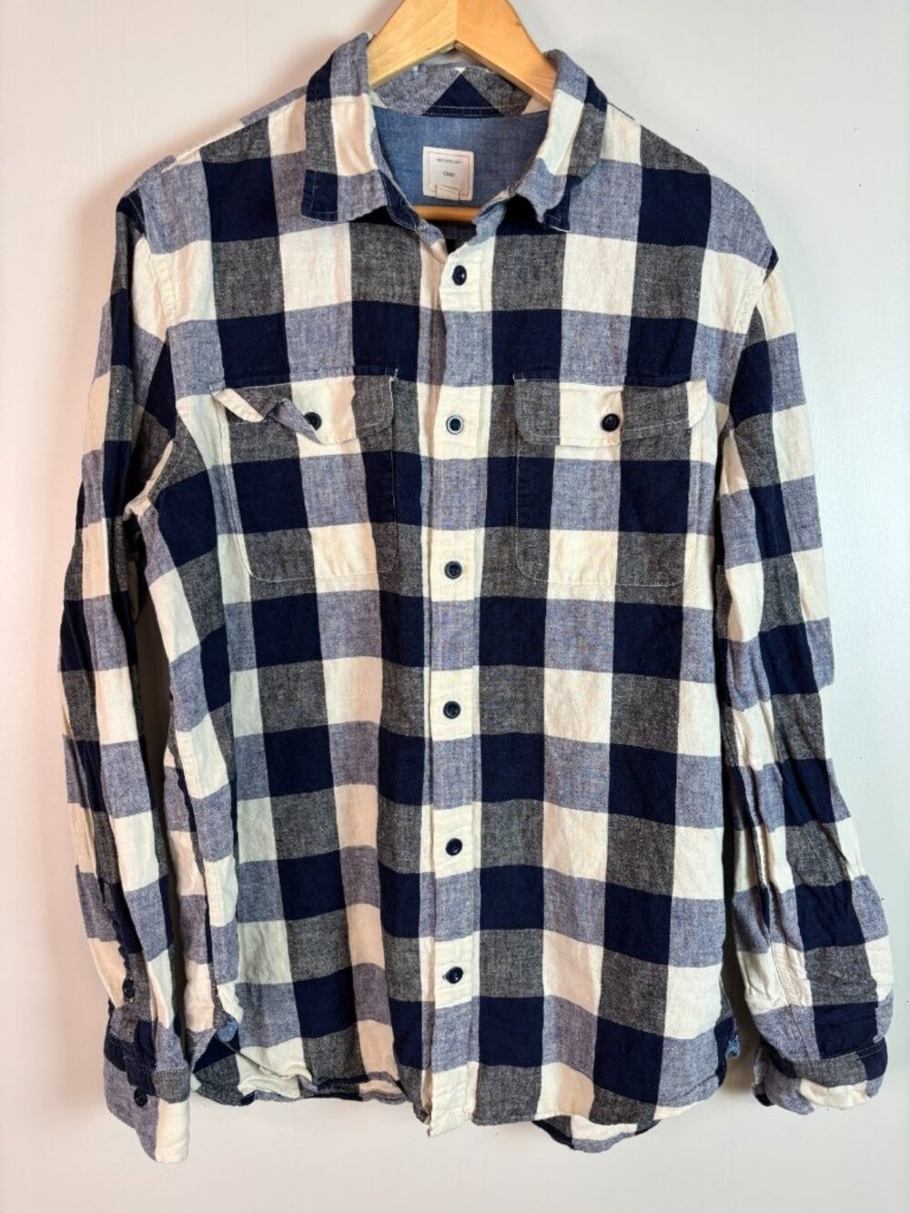 Gap Button-Front Shirt Large Blue White Plaid Linen Cotton Blend Collared Men's